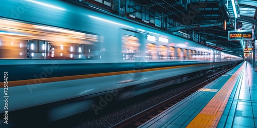 Speed and Motion Captured: The Fast-Moving Train at a Modern, Well-Lit Station - A Glimpse into Urban Transit and the Efficiency of City Life - The Art of Transportation in the Heart of the Metropoli