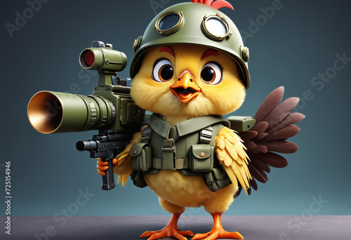 Cute and adorable little baby chicken wearing military suit. Generative AI photo