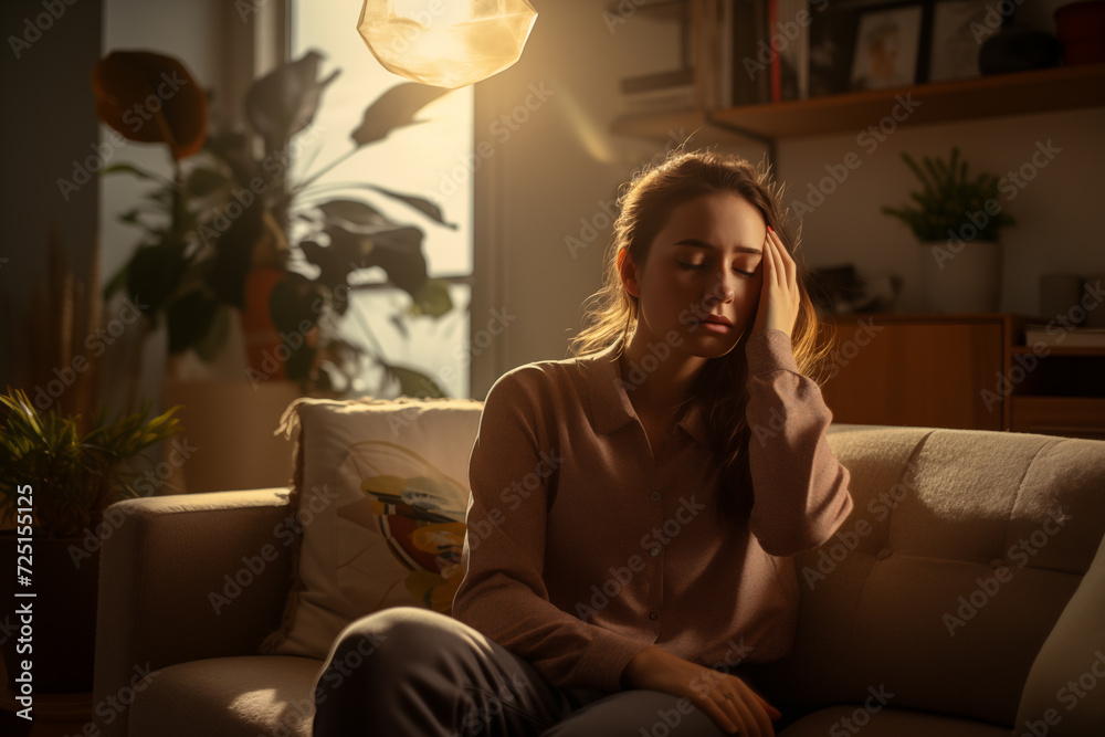 Young woman at home, having headache, migraine, pain. Unhappy and stressed female. High-quality photo Young woman at home, having headache, migraine, pain. Unhappy and stressed female. High-quality photo