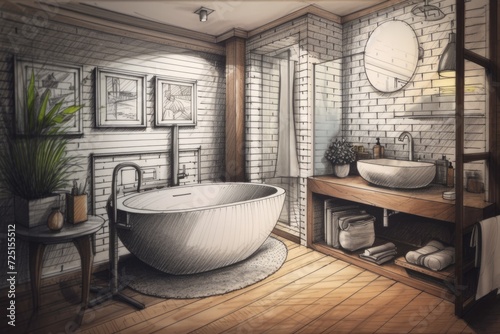 Concept for an interior architect a hand drawn draft that is completed  a bathroom showcase  a traditional interior  brick walls  and parquet. circular freestanding bathtub 