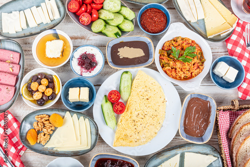 Breakfast table. Traditional Turkish Breakfast Table (Serpme Kahvaltı). Turkish style breakfast. Traditional delicious Turkish breakfast, food concept photo.