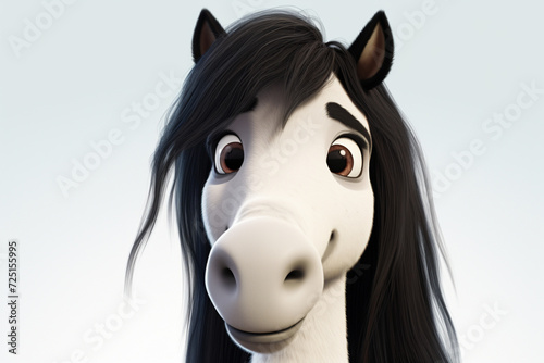 Gypsy Vanner horse on a white background. Adorable 3D cartoon animal close-up portrait.