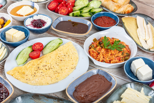Breakfast table. Traditional Turkish Breakfast Table (Serpme Kahvaltı). Turkish style breakfast. Traditional delicious Turkish breakfast, food concept photo.