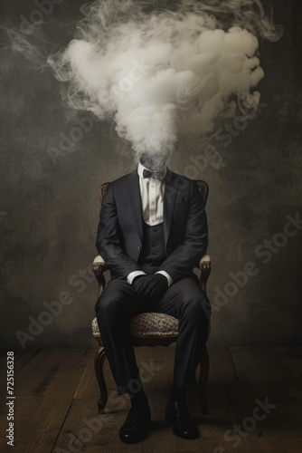 Picture a thought-provoking studio photograph with a concept featuring a man donned in an elegant suit seated on a chair. Smoke gracefully rises around his head, adding a touch of mystery and intrigu