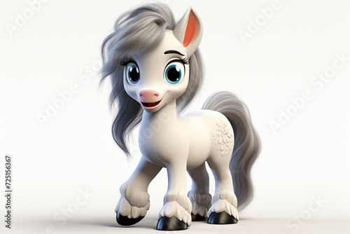 Gypsy Vanner horse on a white background. Adorable 3D cartoon animal portrait.