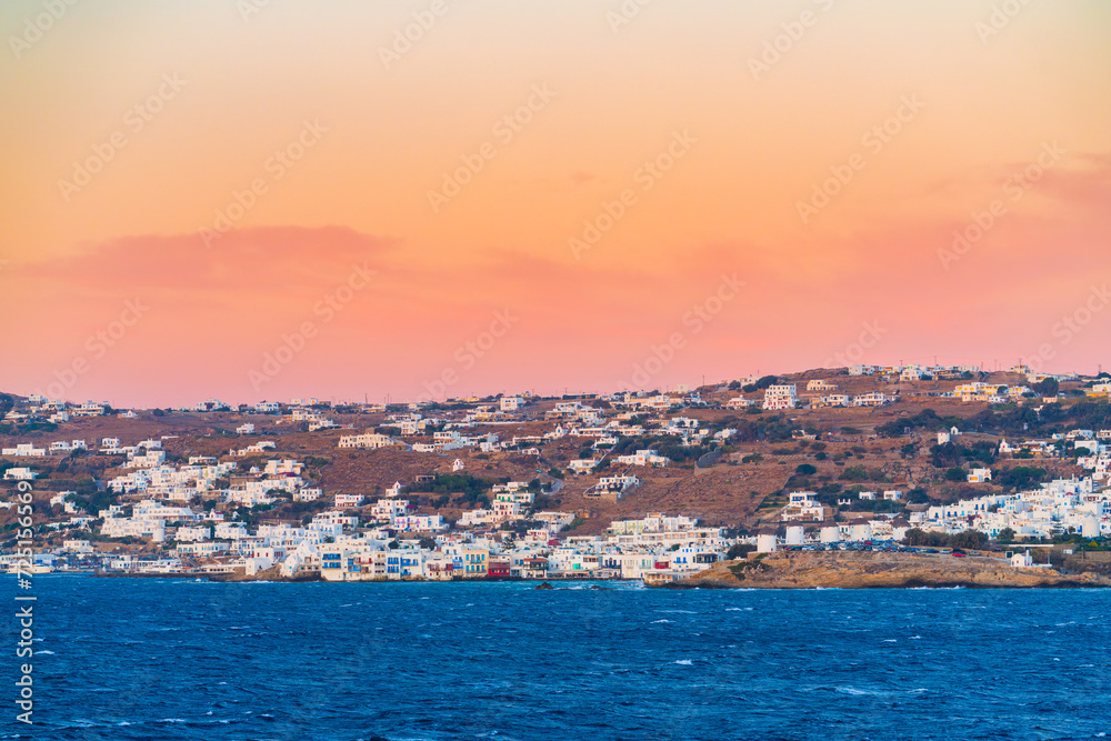 Skyline of Mykonos village at sunset.  Mykonos island. Greece