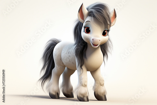 Gypsy Vanner horse on a white background. Adorable 3D cartoon animal portrait.