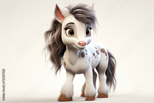 Gypsy Vanner horse on a white background. Adorable 3D cartoon animal portrait.