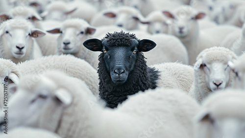 A unique black sheep stands out in a crowd, symbolizing individuality and difference. AI Generative.