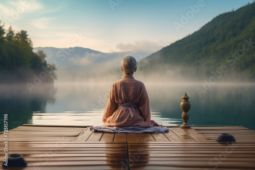 Capture the tranquility of a meditation pose on a wooden pier gazing at the calm lake at sunrise. Perfect for promoting mental wellness. AI generative. © Alisa
