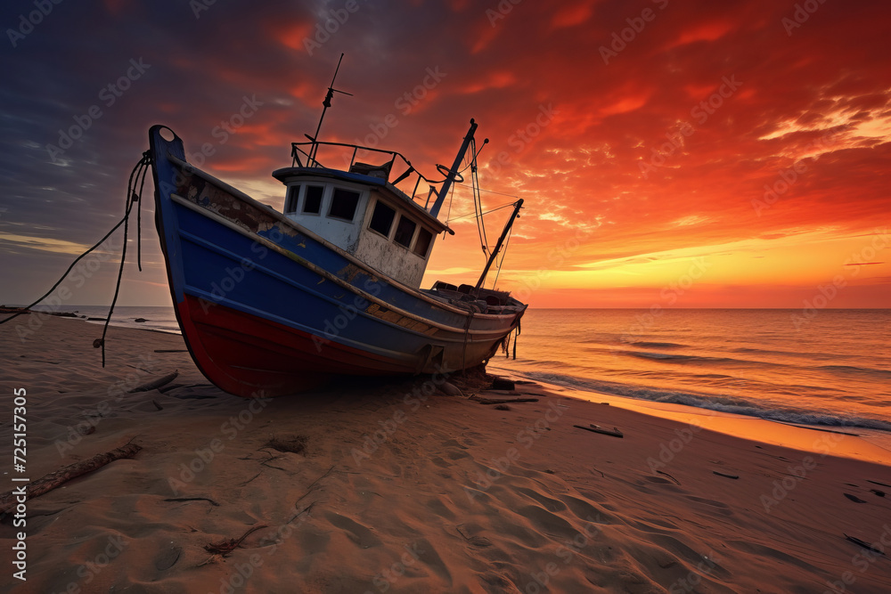 A vibrant sunset casting colors over a beached boat. AI Generative A vibrant sunset casting colors over a beached boat. AI Generative