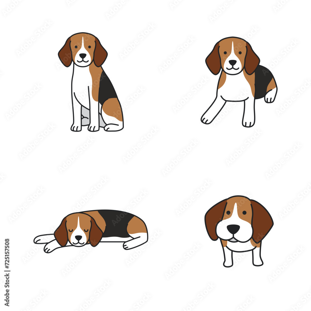 Beagle dog icon set. Cartoon set of dog vector icons for web design