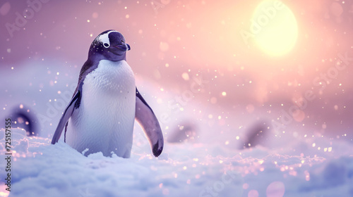 Portrait of a penguin in a snowy landscape. Playful and adorable.