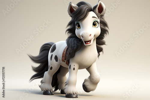 Gypsy Vanner horse on a white background. Adorable 3D cartoon animal portrait.