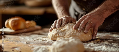Bakers preparing dough for homemade bread on a wooden table in close up view.