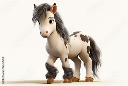 Gypsy Vanner horse on a white background. Adorable 3D cartoon animal portrait.
