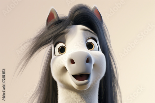 Gypsy Vanner horse on a white background. Adorable 3D cartoon animal close-up portrait.