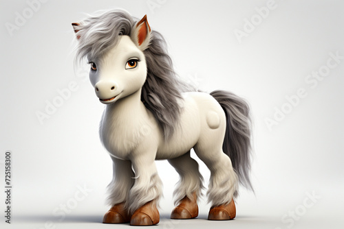 Gypsy Vanner horse on a white background. Adorable 3D cartoon animal portrait.