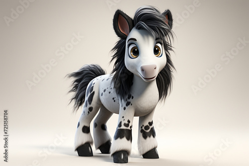 Gypsy Vanner horse on a white background. Adorable 3D cartoon animal portrait.
