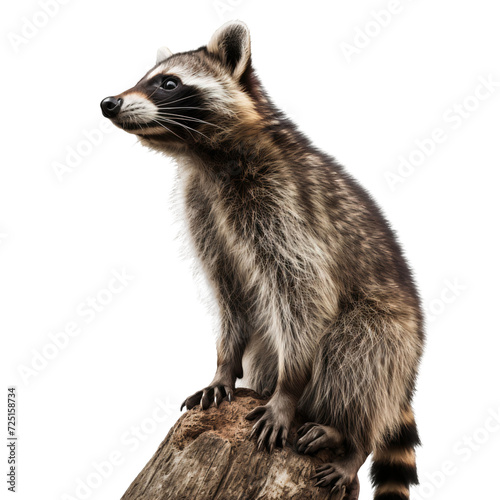 Raccoon sitting on a tree branch isolated on transparent background