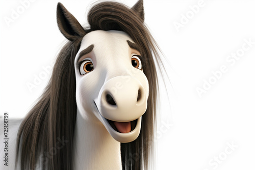 Gypsy Vanner horse on a white background. Adorable 3D cartoon animal close-up portrait.
