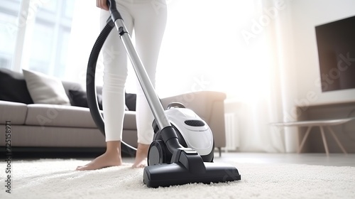 Close up woman using vacuum cleaner in living room, cleaning dust