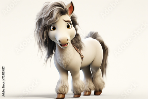 Gypsy Vanner horse on a white background. Adorable 3D cartoon animal portrait.