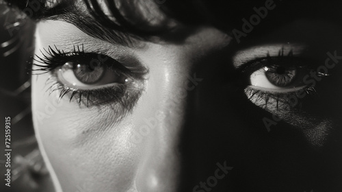 Extreme close up of a beautiful woman's eyes in a black and white Italian film