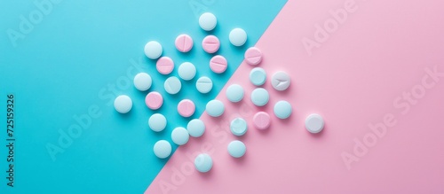 Reproductive health and hormone therapy symbolized by pills on a blue and pink background.