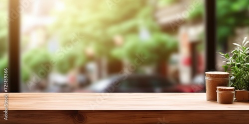 Blurred window background with table for product display