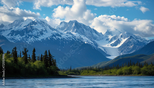 Snowy mountains of Alaska, landscape with forests, valleys, and rivers in daytime. Breathtaking nature composition background wallpaper, travel destination, adventure outdoors © Ars Nova