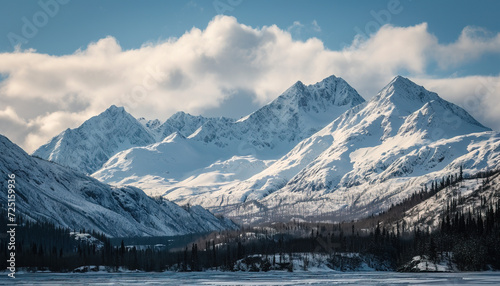 Snowy mountains of Alaska  landscape with forests  valleys  and rivers in daytime. Breathtaking nature composition background wallpaper  travel destination  adventure outdoors