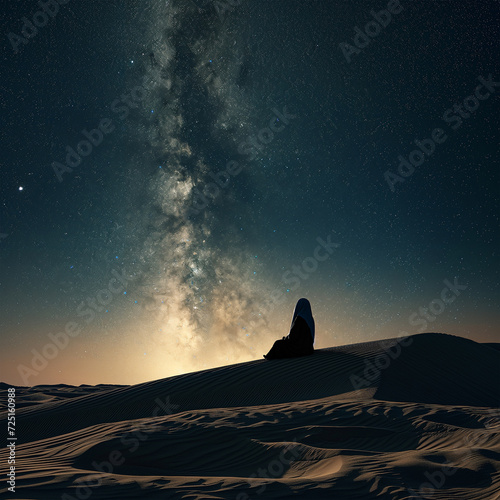 silhouette of a contemplating person sitting on a desert dune; starry night sky with milky way galaxy. Mystical meditation of a fantasy mystic monk. Calming contemplation in a soothing landscape