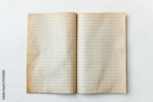 Open grid paper notebook with blank pages isolated on a solid background, copy space