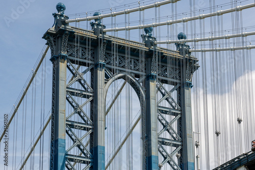 High resolution detail of the Manhattan bridge, taken from Dumbo, Brooklyn, New York. Daylight with blue sky and clouds and rich textures