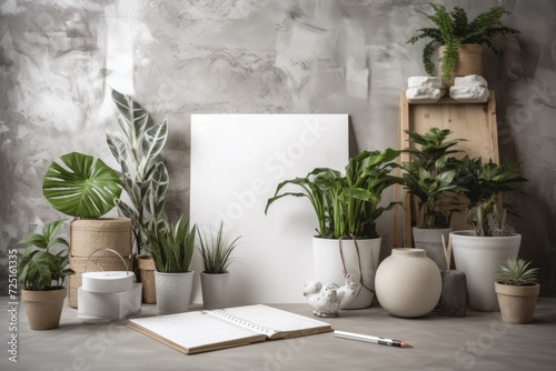 Background with a notepad and planters, mock up of a room interior © Vusal