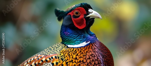 The ringneck pheasant displays striking feather patterns and is part of the Phasianidae bird family in the Galliformes order, known for its evident sexual dimorphism. photo