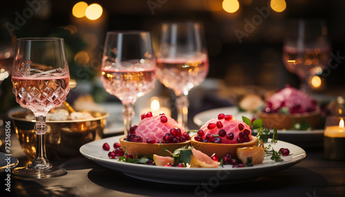 Luxury celebration gourmet food, wine, and elegant decoration generated by AI