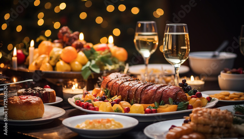 A festive table with grilled meat, wine, and candlelight generated by AI