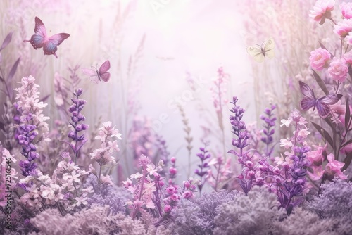 A Fairy Garden Birthday Backdrop with Blooming Flowers and Fluttering Butterflies on the Background in Soft Hues, in the Style of Enchanting Pink and Delicate Purple, Detailed Environments, RTX On