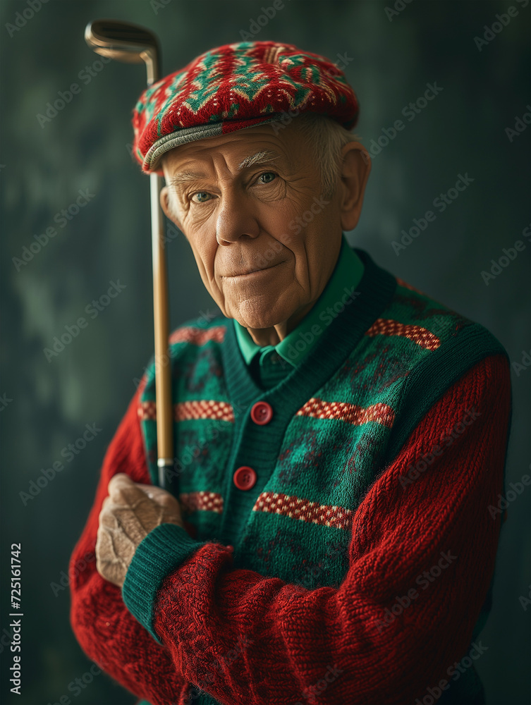 A distinct and elegant old golfer poses with a club and wears a hat and stylish suit in red and green wool. Concept of sports at an advanced age. Older sportsmen who love golf