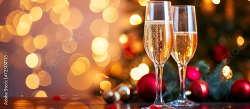 Photo of two champagne glasses on festive dining table