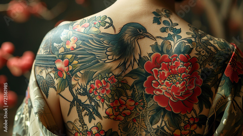 A tattoo with flowers and a bird on a woman s back
