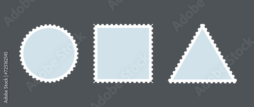 Light blue postage stamp set. Post stamp frames or borders. Round, square, triangle template for mail, postcard, letter. Vintage jagged wavy edge form or object for banner, badge, sticker. Vector