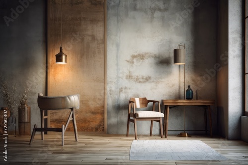 Mockup of a wabi sabi home with a chair, table, vase, and floor lamp against a grungy wall