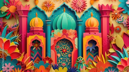 Embrace Vibrancy - Ramadan Greeting Card with Colorful Cut Paper Decorations, Celebrating the Festive Atmosphere of Islamic Festivals