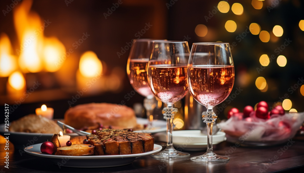 Celebration night wine, dessert, candle, chocolate, winter, fire, gourmet, Christmas lights generated by AI