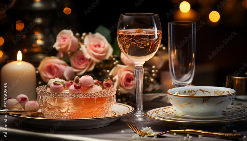 Gourmet dessert on elegant table, celebration of luxury and elegance generated by AI