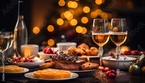A festive table with wine  dessert  and Christmas lights generated by AI