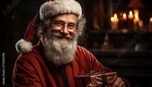 Smiling senior man holding Christmas gift, celebrating with joy generated by AI